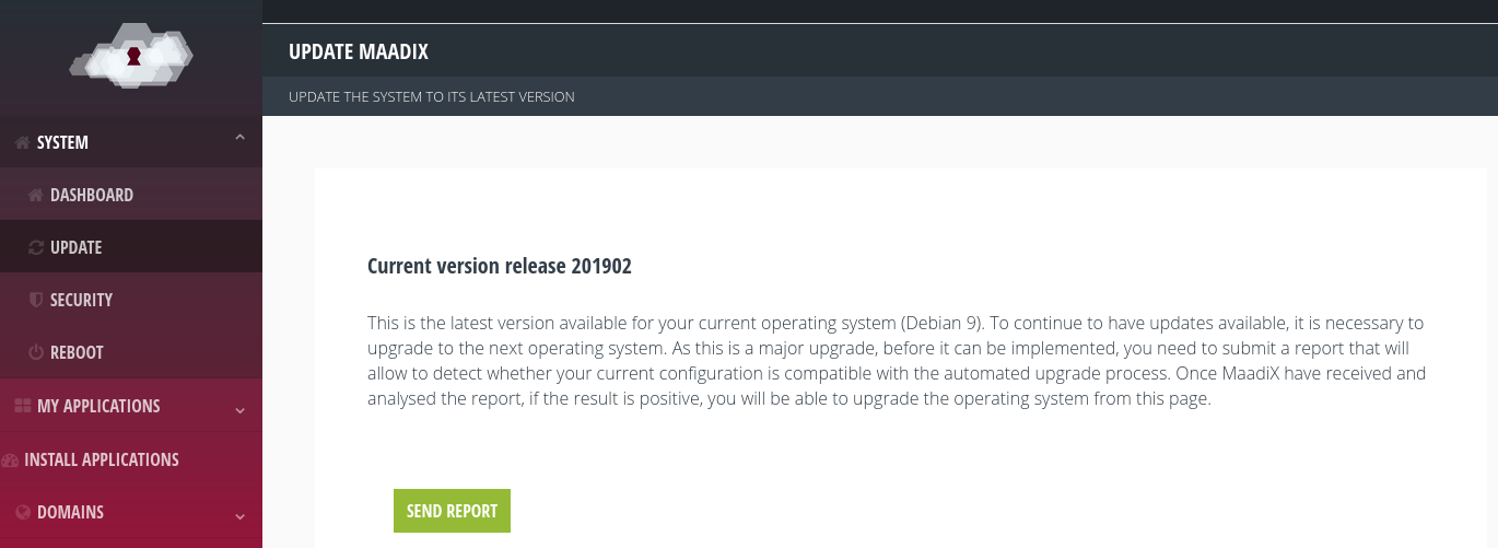 Send report button for Debian 10 upgrade